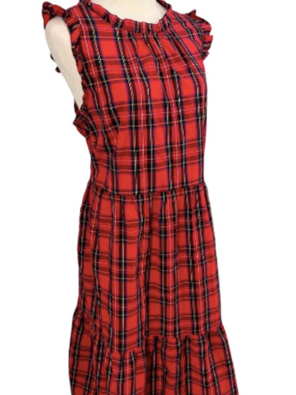 J Crew Plaid Dress Womens 16 Red Tartan Ruffle Tiered Sleeveless Maxi Plaid